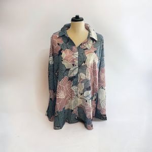 Catherine Malandrino Floral Blouse Sz. Large Long Sleeve Half Button Shirt Top